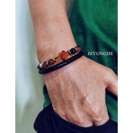 BIYONGDE Cross Bracelet for men, Black Braided Leather Wristband Bangle Bracelet for Men, Cross Tiger Eye Bead ID Identify, Steel Clasp