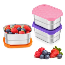 Leonyo 18/10 Stainless Steel Snack Containers for Kids, 8oz Food Container with Silicone Lid Easy Open Leak Proof, Metal Toddler Lunch Box for Daycare School, Healthy & Lightweight, Multi-color&3Pcs