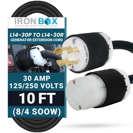 IronBox Electric - Heavy-Duty NEMA L14-30 Generator Extension Cord - L14-30P Plug to L14-30R Connector - Rated for 30 Amps 125/250V 8/4 SOOW 4 Prong Generator Cord - Power Cable for Generators(10 ft)