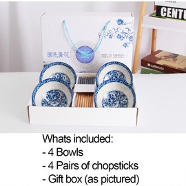 CoreLife Oriental Floral 4pcs Rice Bowl set with Chopsticks for Soup Snack Cereal, Glossy Ceramic Dishwasher Safe Porcelain Bowls in Gift Box - Flower Design, Multicolor