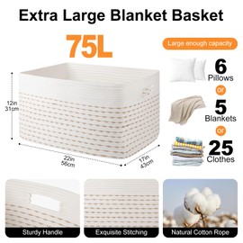 OIAHOMY 75L Blanket Basket, Woven Cotton Rope Basket for Organizing 22”x17”x12”, Used for Living Room, Bedroom, Nursery, Light Yellow & White