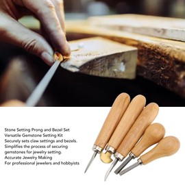 Luocute Stone Setting Prong and Bezel Set, Set of 5 Jewelry Stone Setting Tools, Jewelry Prong Pusher Ergonomic Wooden Handles, Tools for Professional Beginners