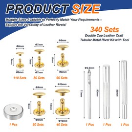 PATIKIL 340 Set Double Cap Leather Rivets Kit, 6mm-10mm Mixed Sizes Round Cap Tubular Metal Studs Leather Crafting Rivet for Fabric Belt Pet Collar Boot Bag Repair and Decoration,Gold