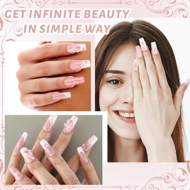 24 Pieces Press On Nails Medium Length Rhinestone Pink False Nails Square Glitter Shiny 3D Flower False Nail Tips Fake Nails