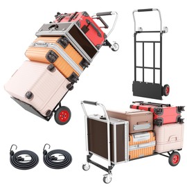 Hand Truck Dolly Heavy Duty, 2 in 1 Convertible Hand Truck and Dolly with 10" Flat-Free Wheels & Brakes, 600LBS Capacity, Includes Elastic Straps for Moving, Warehouse, Garden, Office Use, Black