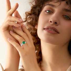 Gnteey Laboratory Grown Emerald Ring 925 Sterling Silver 8X8 mm Round Cut Emerald Engagement Ring for Women(9)