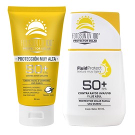 Fotosun UV 100 Fluid Protect Protector Solar Facial Fotoprotector Luz Azul 50+ FPS UVA UVB Consistencia Liquida Rápida Absorción Alta Protección Resistente al Agua Uso Diario (KIT: FLUID + TRAVEL)