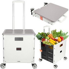 SELORSS Foldable Utility Cart Portable Collapsible Crate Rolling Carts with Wheels Rolling Tote Basket Teacher Cart with Lid Wear-Resistant 360°Rotate Wheel Noiseless for Shopping Storage Office Use