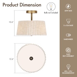 HILUXIA 13 Inch Linen Pleated Semi Flush Mount Ceiling Light Fixture, Modern Cone Drum Dimmable Lamp for Bedroom, Kitchen, Dining Room, Hallway, Nursery, Entryway, Foyer Lighting, Gold