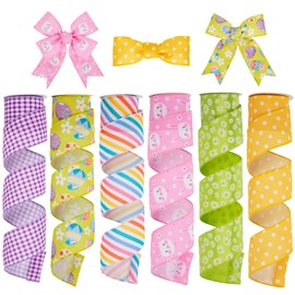 Hollyone Easter Ribbon Wired 6 Rolls 30 Yards Easter Floral Bunny Eggs Colorful Stripe Purple Check Burlap Ribbon Easter Ribbons for Craft Wreaths Wrapping Gift Bow Decor