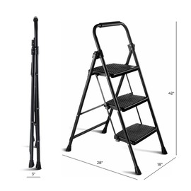 Step Ladder 3 Step Folding Step Stool Step Ladder with Wide Anti-Slip Pedal Step Stool Foldable for Adults Lightweight, Portable Steel Use for Home and Office