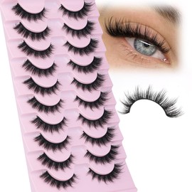 False Eyelashes Cat-Eye Look Wispy Lashes 15mm 3D Manga Lashes Natural Look D Curl 10 Pairs Pack Faux Mink Lashes
