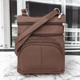 SILVERFEVER Genuine Leather Organizer Handbag Cross Body - Shoulder Travel Bag (Brown) Medium