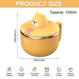 Ramen Bowl with Lid, 1200 ml Instant Noodle Bowl, Portable Stainless Steel Pasta Bowl with Timer and Ventilation Hole, 304 Stainless Steel Ramen Bowl for Pasta, Bento Lunch