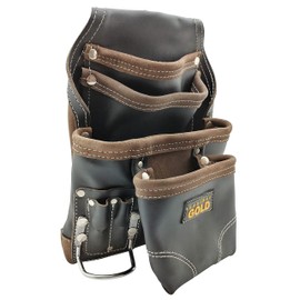 Leather Gold Heavy Duty Tool Pouch | Carpenters Tool Pouch 3150, Black, Oil-Tanned, 10 Pockets, 2 Hammer Holders, Reinforced Seams