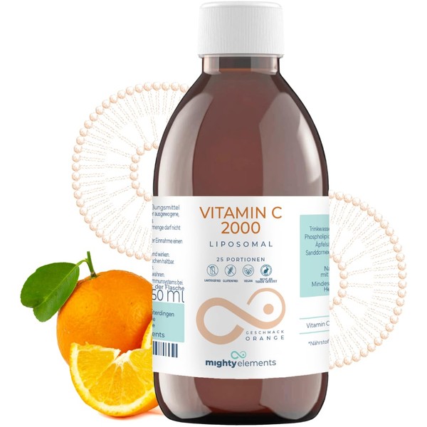 Mighty Elements Liposomal Vitamin C 2000 mg High Dose, Orange Flavour, Immune System, Vegan, Gluten Free & Lactose Free, Liquid 250 ml, Glass Bottle