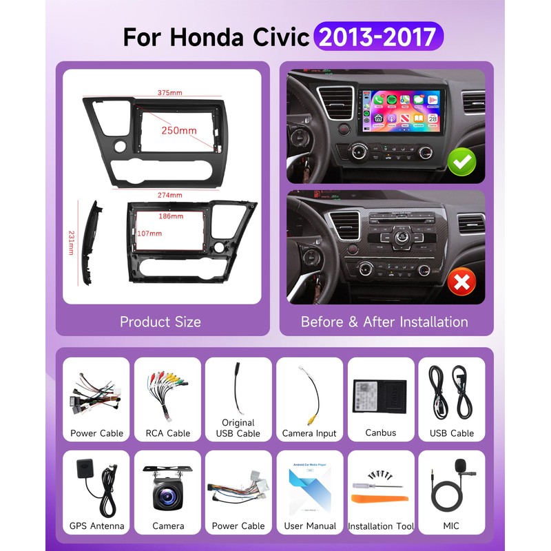 Rimoody 4G+64G Android 15 Car Radio for Honda Civic 2013