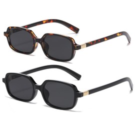 JOVAKIT 2Pcs Retro Rectangle Sunglasses for Women Men Trendy Small Square Sunglasses 90s Vintage Shades (Tortoise/Grey+Black/Grey)