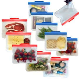 LLM 10 Pack Large Reusable Food Storage Bags (5 Sandwich + 5 Freezer Bags), Extra Thick Bags, Ziplock Eco Friendly, BPA Free, Leakproof, Blue, Red, M, L