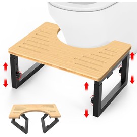 Bamboo Toilet Stool Foldable, 7 in, 8 in Or 9 in Adjustable Height Squat Stool Potty for Adults Kids, Sturdy Poop Step Stool for Bathroom, Improve Squatting Posture, Non-Slip,500 lbs Capability