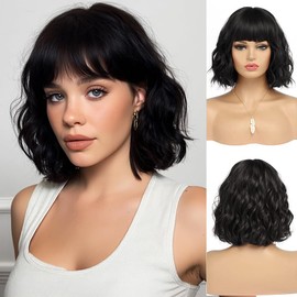 EssionTech Peluca Corta Negra Con Flequillo, Cabello Sintético Natural Para Mujer, Ondulada Hasta Los Hombros, Estilo Bob, 1B (30 Cm)