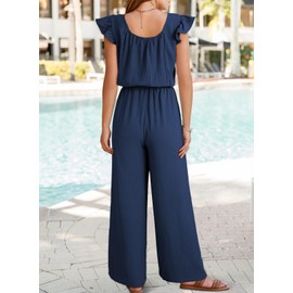 Dokotoo Jumpsuits for Womens 2025 Fall Ruffle Sleeves Cute Square Neck Maternity Jumper Drawstring Smocked Waisted Wide Leg Pants Dressy Cruise Outfits Plus Size with Pockets for Parties,Navy Large