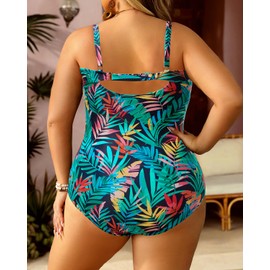 Aqua Eve - Traje de baño de una pieza con control de abdomen para mujer, traje de baño clásico, hojas coloridas, 16 Plus