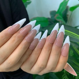 Handmade Press on Nails, Color, Point White', Pink, false nails long, Squoval Shape - design long nails(L, French Style)
