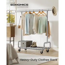 SONGMICS Clothes Rack, Heavy-Duty Rolling Clothing Garment Rack with Wheels, Extendable Hanging Rod and Adjustable Height, Portable, with Shelf and Hooks, Silver UHSR014E01