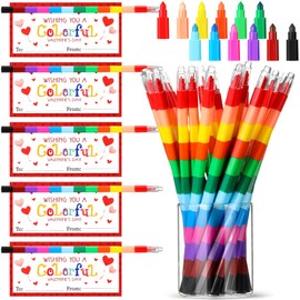 Noveread 24 Valentines Cards and Stacking Crayons 24 Pcs 12 Colors Rainbow Buildable Crayons 24 Pcs Valentines Greeting Cards for Prizes Gift Goodie Bag Fillers Party Supplies
