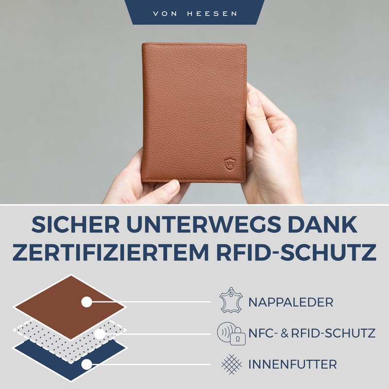 VON HEESEN Passport Holder Leather with RFID Protection for Men