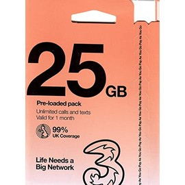 Three UK Travel SIM Card 30 Days - 25GB 5G Data in UK + 12GB Roaming in 71 Countries - Unlimited UK Calls & Texts