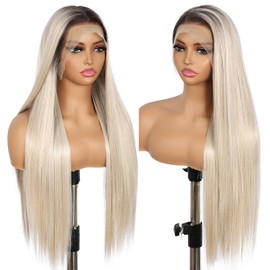 BABEHERS Blonde Lace Front Wig 13X6 Glueless Synthetic Wig for Women Highlight Ombre Blonde with Dark Roots Long Straight Pre-Plucked Ready to Wear 26 Inch for Cosplay Daily Party Use