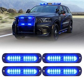 Xprite Blue LED Emergency Strobe Lights Kit, Surface Flush Mount Grill Grille Hazard Warning Safty Flashing Police Light for Volunteer Vehicles Off-Road Trucks Cars SUV ATV UTV Motorcycle - 4PCS