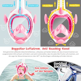 Tyuodna Children's Snorkel Mask, Diving Mask, Full Face Mask for Children 4-12 Years, 180° HD Anti Fog and Anti Leak Diving Goggles Children with Snorkel, CO2 Safe Snorkeling Mask (Pink)