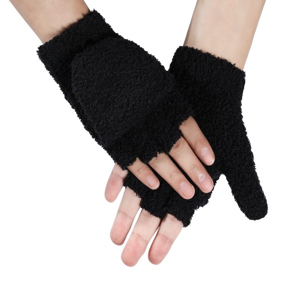 Achiou Warm Fingerless Gloves for Women Men, Convertible Winter Fingerless Mittens with Flip-top Cover, Knitted Wool Glove