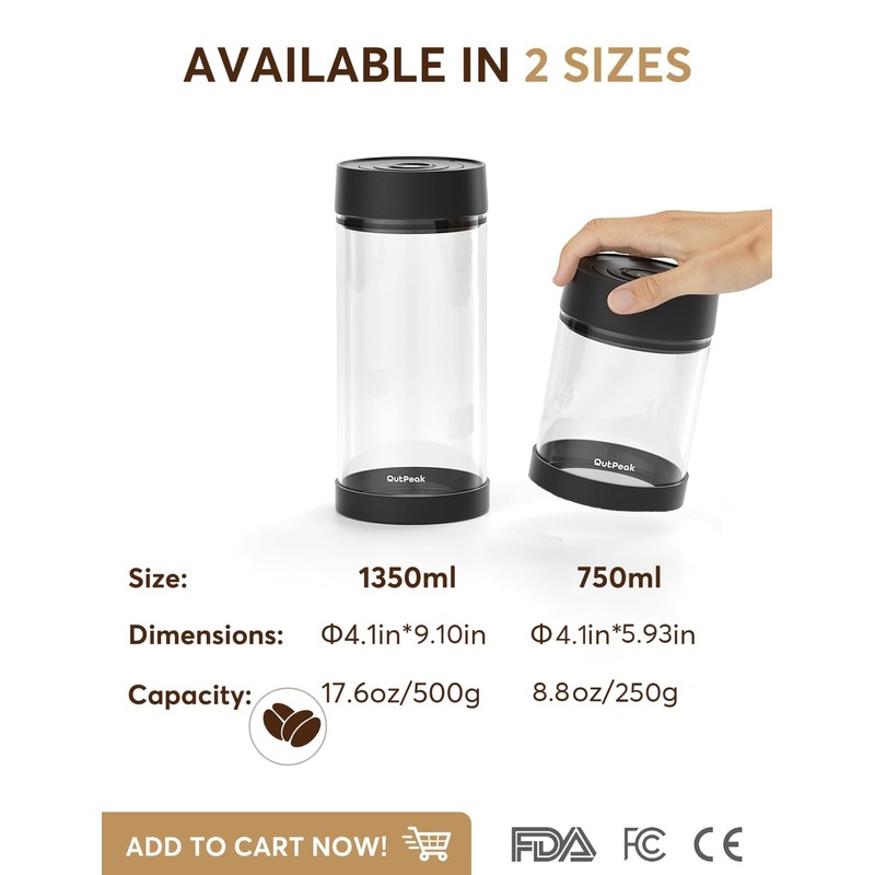OUTPEAK Neo 2025 Auto Vacuum Coffee Canister, 0.75L for 8.8oz