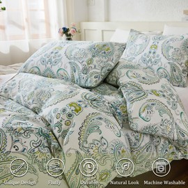 Cozaline 100% Cotton Floral Duvet Cover King - Green Paisley Comforter Cover 3-PC, Soft & Breathable Bedding Duvet Cover Sets with Zipper Closure & Corner Ties, Retro Duvet Cover Sets
