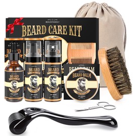 Beard Growth Kit, Beard Care Grooming Set w/Beard Growth Oil, Conditioner, Balm, Shampoo Wash, 0.25MM Roller, Beard Brush, Comb, Scissor, Bag, Christmas Birthday Valentines Day Gifts for Him Men