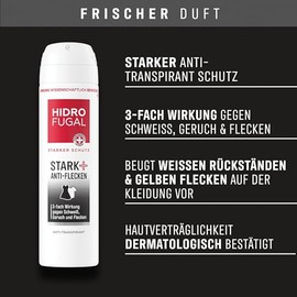 Hidrofugal STARK + ANTI-FLECKEN Spray, starker Antitranspirant Schutz gegen Schweiß, Geruch und Flecken, Deospray ohne Ethylalkohol mit frischem Duft (150 ml)