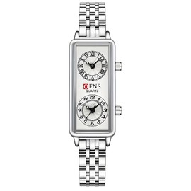 Gosasa Fashionable Women's Quartz Watch, Rectangular Dial with Dual Time Zones, 30m Water Resistant (Steel Silver)