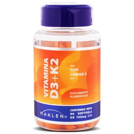 D3 + K2 - Maklen Vitamina D3 con K2 y Omega 3 - Formula Avanzada para Apoyo Óseo, Cardiovascular y Cerebral - Cápsulas Softgels de 500 mg
