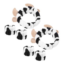 minkissy 2 Sets Cow Print Plush Skincare Headbands and Wristbands for Women Soft Face Washing Hair Accessories Spa Makeup Wristband Set for Skincare and Beauty Routine