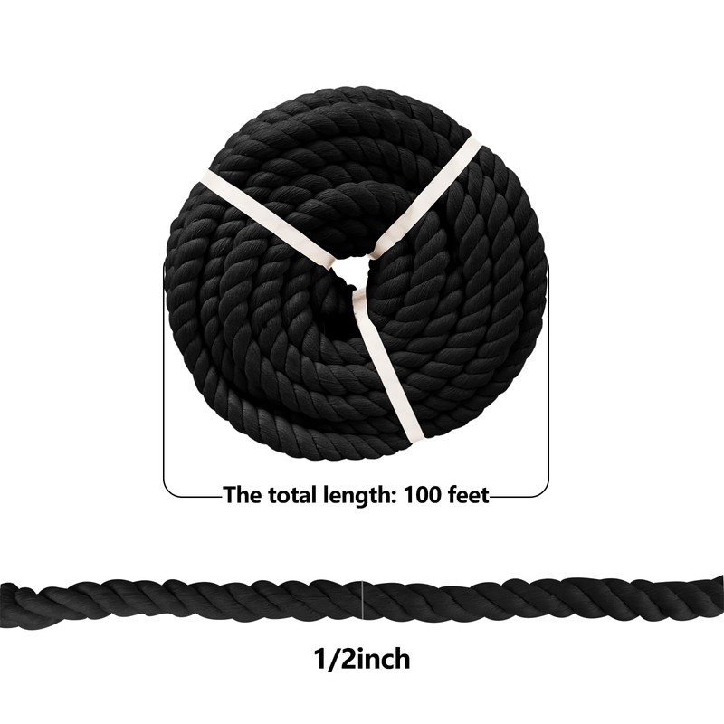 Black Cotton Rope (1/2 in x 100 ft) Soft Cotton