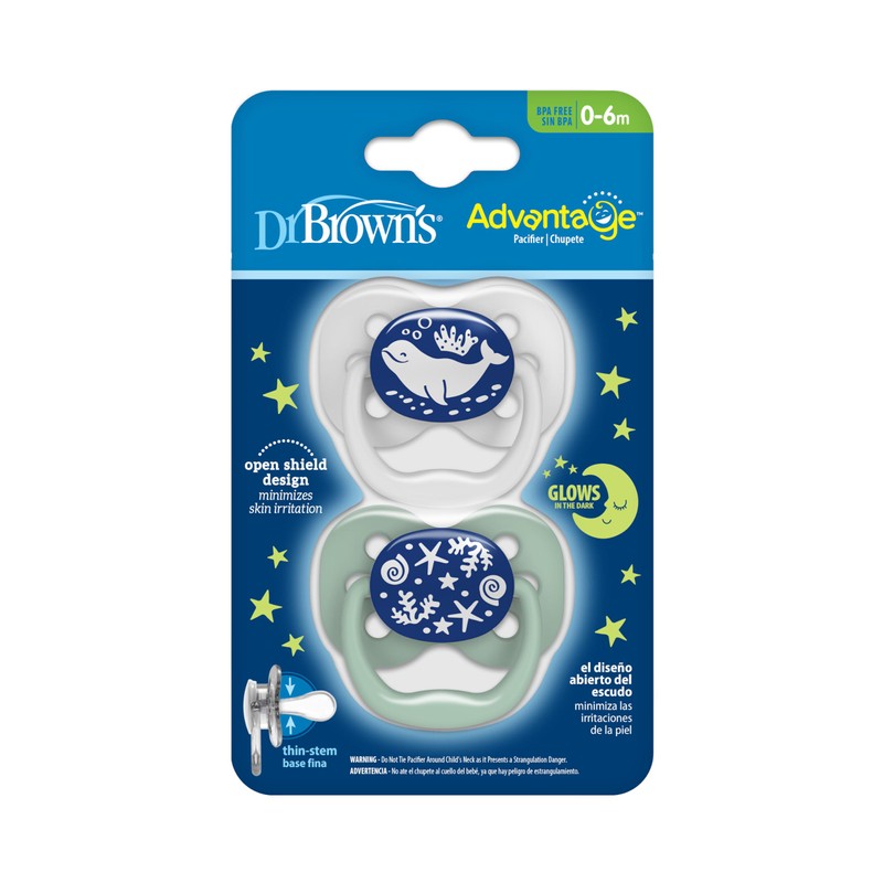 Dr. Brown's Advantage Glow-in-The-Dark Baby Pacifier, Fully Symmetrical Soother with