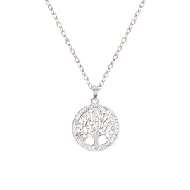 POYAMUSE Tree of Life Necklace with Sparkling Zircon Circle, Stainless Steel Life Tree Pendant Necklace for Women - Zircon Round Pendant Jewelry Gift for Anniversary - Silver