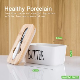 Hasense Porcelain Butter Dish with Bamboo Lid - Covered Butter Dish with Butter Knife for Countertop, Airtight Butter Container with Cover Perfect for East West Coast Butter, White
