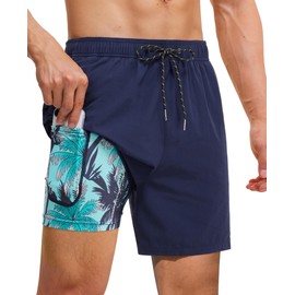 Gleeease Mens 7 Inch Swim Trunks with Compression Liner Quick Dry Swim Shorts Swimming Shorts with Pockets Stretch Bathing Suits