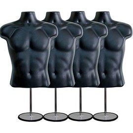 Black Male Mannequin Hollow Back Body Torso Set w/ Metal Stand with Metal Pole & Hanging Hook, S-M Sizes (4 Pack, Black)