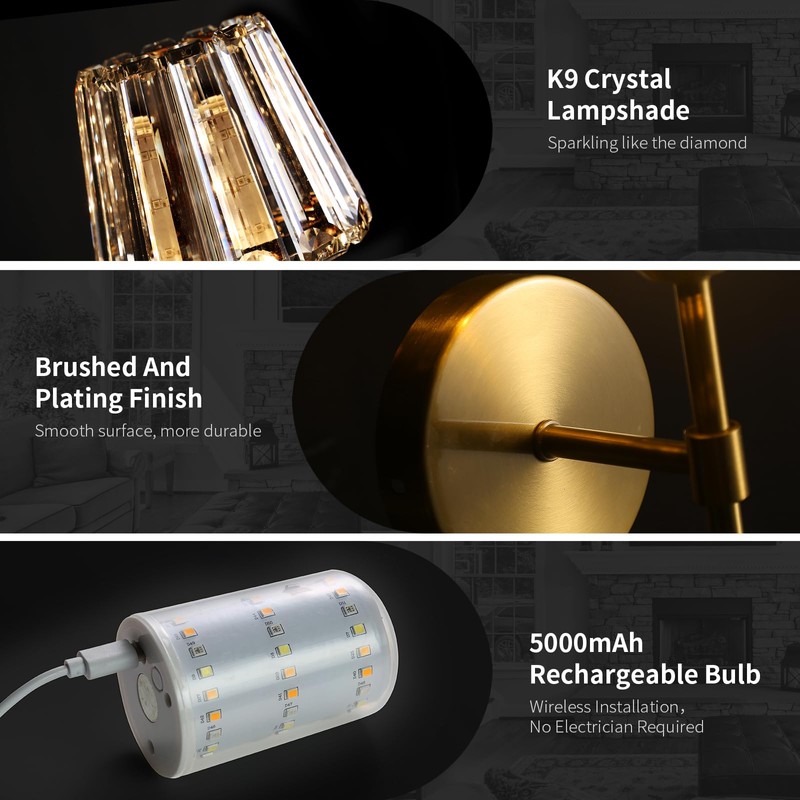 Battery Operated Crystal Wall Sconce Set of 2, Gold Rechargeable